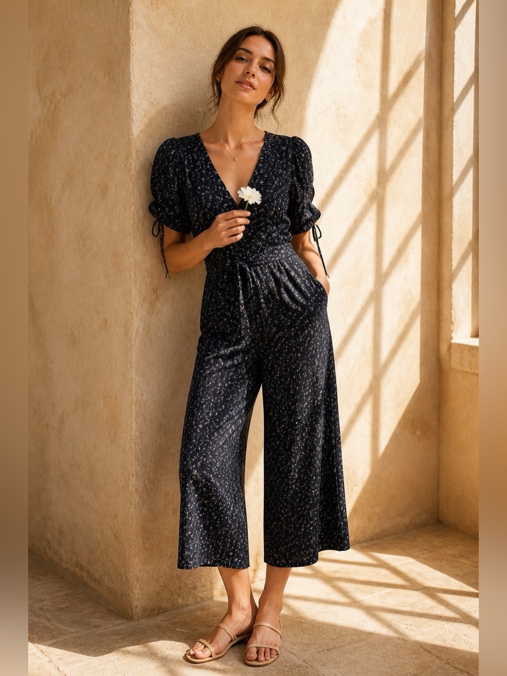 Essue Floral Puff Sleeve Women's Floral Jumpsuit Size Small Cropped Wide Leg